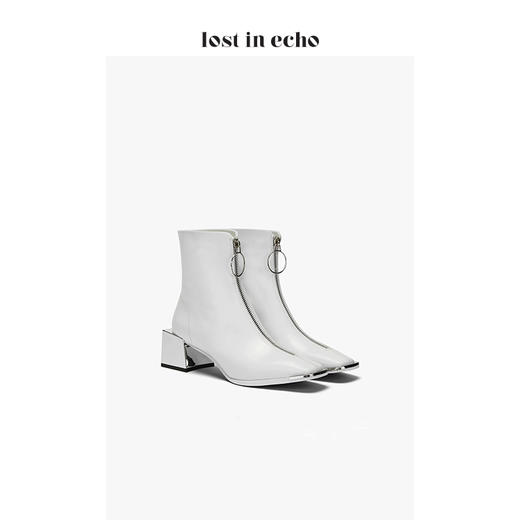 【微瑕疵不退不换】lost in echo2019秋季上新铁头方跟短靴女 金属方头圆环拉链中跟女鞋白色 商品图1