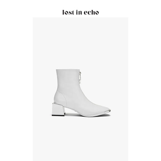 【微瑕疵不退不换】lost in echo2019秋季上新铁头方跟短靴女 金属方头圆环拉链中跟女鞋白色 商品图2