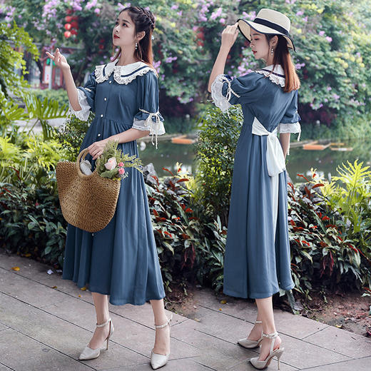 YZ-407035916实拍新款民族风甜美公主袖娃娃领连衣裙单排扣长裙夏WY 商品图0