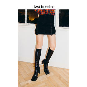 新年闪购lost in echo2020秋季开边珠方头高跟马靴 黑色新款飞织高筒长靴女鞋