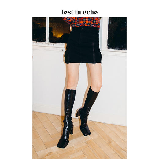 新年闪购lost in echo2020秋季开边珠方头高跟马靴 黑色新款飞织高筒长靴女鞋 商品图0