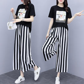 AHM-qs2984夏新款大码女装胖mm短袖时尚气质休闲显瘦简约9分阔腿裤套装