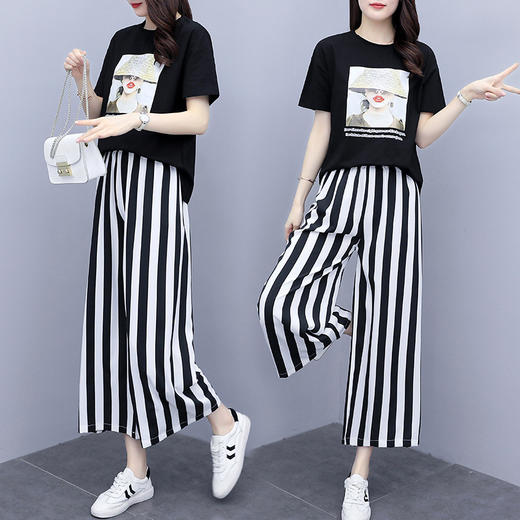 AHM-qs2984夏新款大码女装胖mm短袖时尚气质休闲显瘦简约9分阔腿裤套装 商品图0