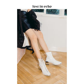 【微瑕疵不退不换】lost in echo2019秋季上新铁头方跟短靴女 金属方头圆环拉链中跟女鞋白色