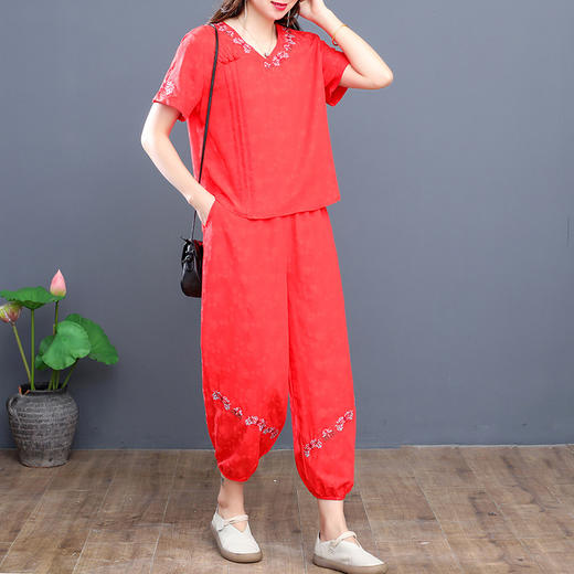MQ-1776-Q005新款复古棉麻刺绣休闲短袖上衣灯笼裤两件套YY 商品图1