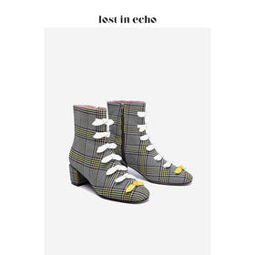 新年闪购lost in echo格纹织物方形粗跟高跟短靴 秋冬软漆皮中跟短靴女鞋