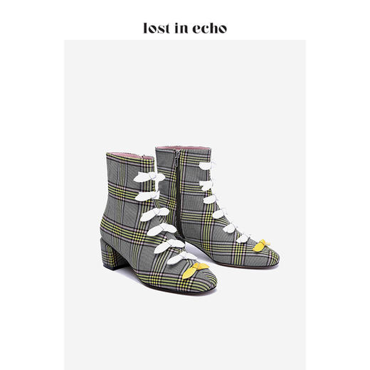 新年闪购lost in echo格纹织物方形粗跟高跟短靴 秋冬软漆皮中跟短靴女鞋 商品图0