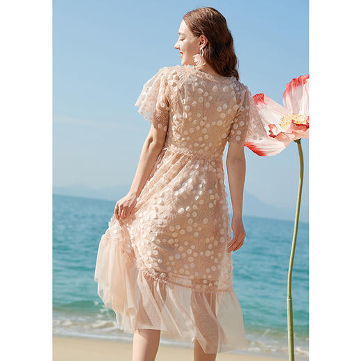 欧芮儿夏装新款短袖V领网纱连衣裙女中长款气质显瘦收腰A字裙 商品图1