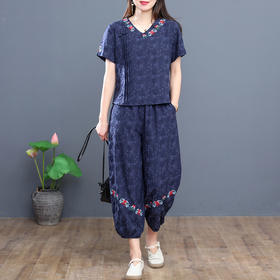 MQ-1776-Q005新款复古棉麻刺绣休闲短袖上衣灯笼裤两件套YY