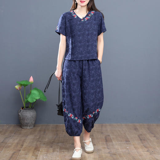MQ-1776-Q005新款复古棉麻刺绣休闲短袖上衣灯笼裤两件套YY 商品图0