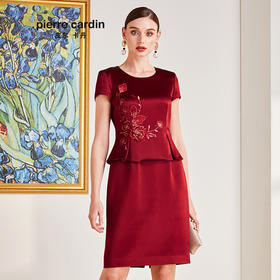 皮尔卡丹女装夏季新款红色圆领假两件连衣裙时尚P0209DS56T0
