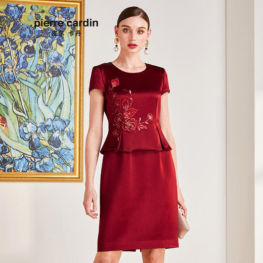 皮尔卡丹女装夏季新款红色圆领假两件连衣裙时尚P0209DS56T0
 商品图0