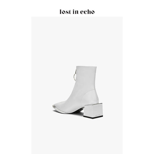 【微瑕疵不退不换】lost in echo2019秋季上新铁头方跟短靴女 金属方头圆环拉链中跟女鞋白色 商品图4