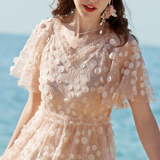 欧芮儿夏装新款短袖V领网纱连衣裙女中长款气质显瘦收腰A字裙 商品图2