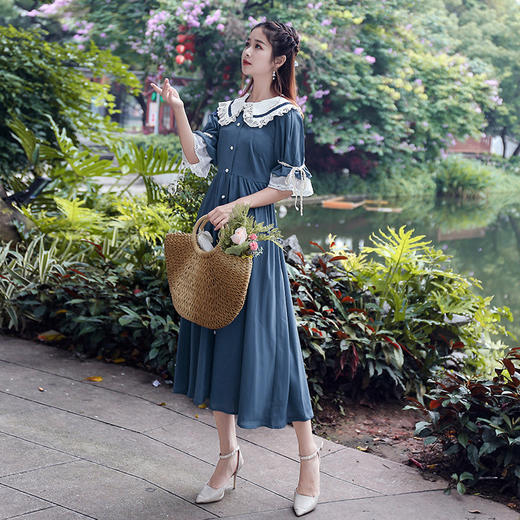 YZ-407035916实拍新款民族风甜美公主袖娃娃领连衣裙单排扣长裙夏WY 商品图2