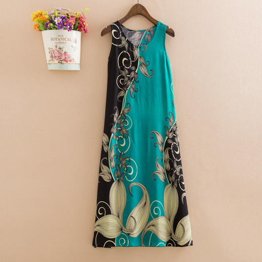 YDGJ新品大码民族风长款过膝棉绸连衣裙印花沙滩长裙百搭无袖裙WY 商品图2