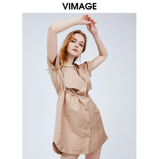 vimage纬漫纪立领亚麻收腰显瘦气质连衣裙夏季新款中长款裙子女夏V1107737 商品图2