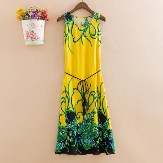 YDGJ新品大码民族风长款过膝棉绸连衣裙印花沙滩长裙百搭无袖裙WY 商品图1