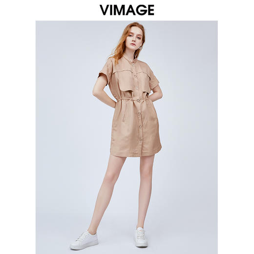 vimage纬漫纪立领亚麻收腰显瘦气质连衣裙夏季新款中长款裙子女夏V1107737 商品图1