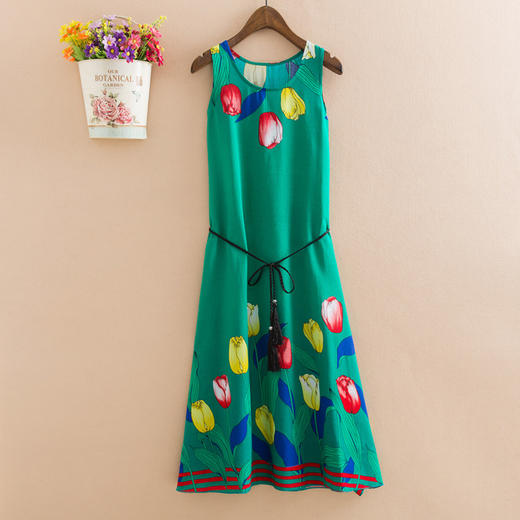 YDGJ新品大码民族风长款过膝棉绸连衣裙印花沙滩长裙百搭无袖裙WY 商品图3