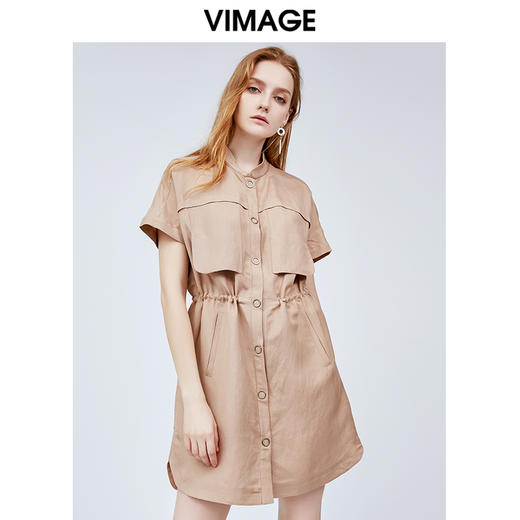 vimage纬漫纪立领亚麻收腰显瘦气质连衣裙夏季新款中长款裙子女夏V1107737 商品图0
