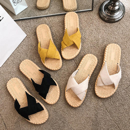 【布面平底交叉一字拖】拖鞋夏季韩版时尚外穿学生女鞋 商品图0