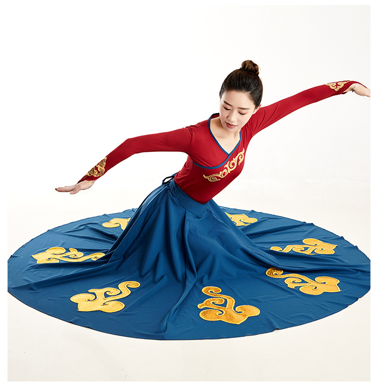 新款蒙古族舞蹈练习裙成人半身长裙新疆维族练功大摆裙舞蹈服女装