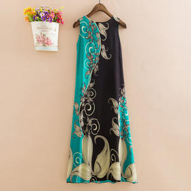 YDGJ新品大码民族风长款过膝棉绸连衣裙印花沙滩长裙百搭无袖裙WY