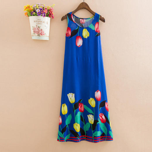 YDGJ新品大码民族风长款过膝棉绸连衣裙印花沙滩长裙百搭无袖裙WY 商品图4