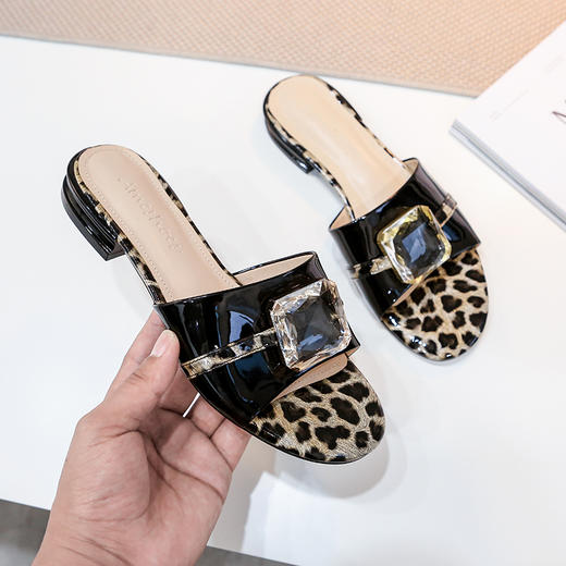 2020春夏新款阿么豹纹水钻拖鞋凉鞋