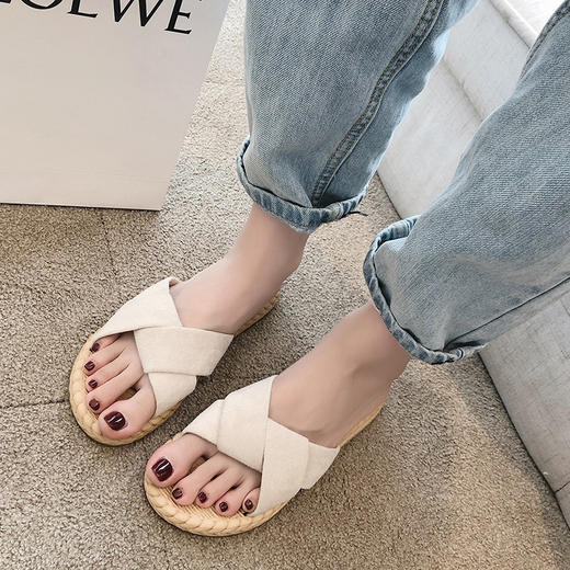 【布面平底交叉一字拖】拖鞋夏季韩版时尚外穿学生女鞋 商品图1