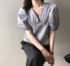 2020夏季韩版小清新衬衫女收腰短款V领泡泡袖格子上衣女 商品缩略图2