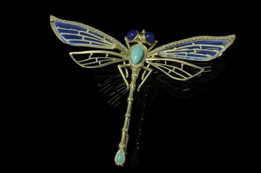 多米尼加蓝珀18K喷砂黄金镶钻蜻蜓胸针 绿松点缀 商品图1