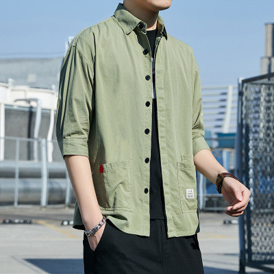 男装男纯棉宽松七分袖休闲港风寸衫工装中袖衬衣