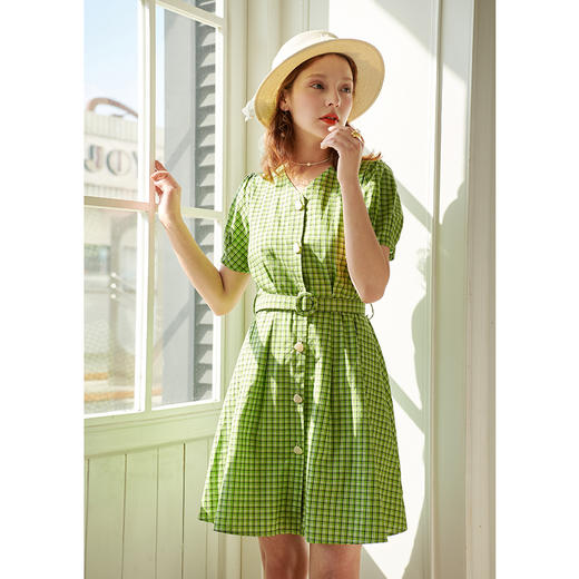 欧芮儿V领短袖格子连衣裙绿色A字裙O20XL30503 商品图0