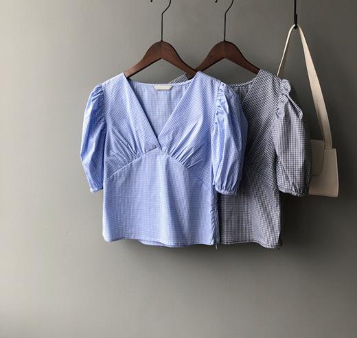 2020夏季韩版小清新衬衫女收腰短款V领泡泡袖格子上衣女 商品图0