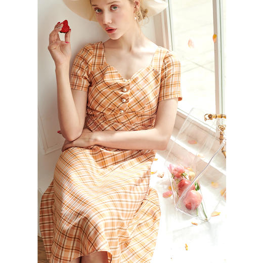 欧芮儿短袖格子连衣裙夏装新款女中长款A字裙 商品图2