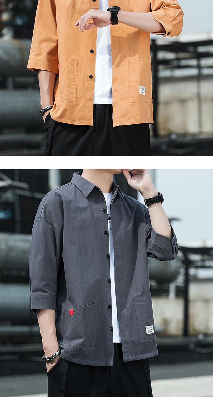 男装男纯棉宽松七分袖休闲港风寸衫工装中袖衬衣