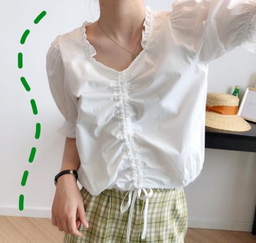 抽绳荷叶边衬衫女短袖2020夏季设计感小众褶皱泡泡袖上衣 商品图2