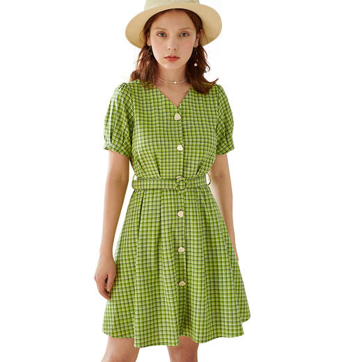欧芮儿V领短袖格子连衣裙绿色A字裙O20XL30503 商品图3