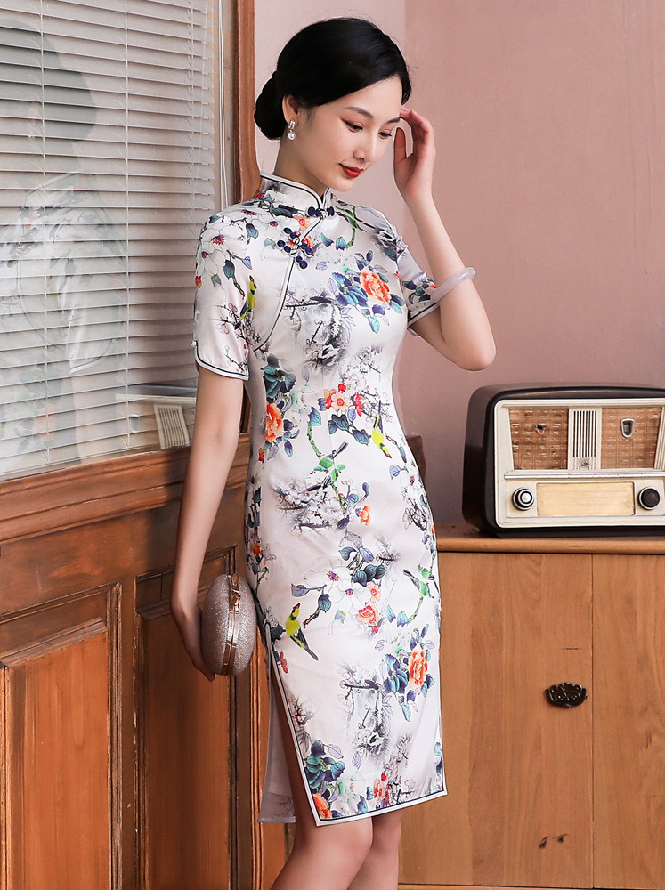 an春夏新款复古优雅真丝花鸟旗袍