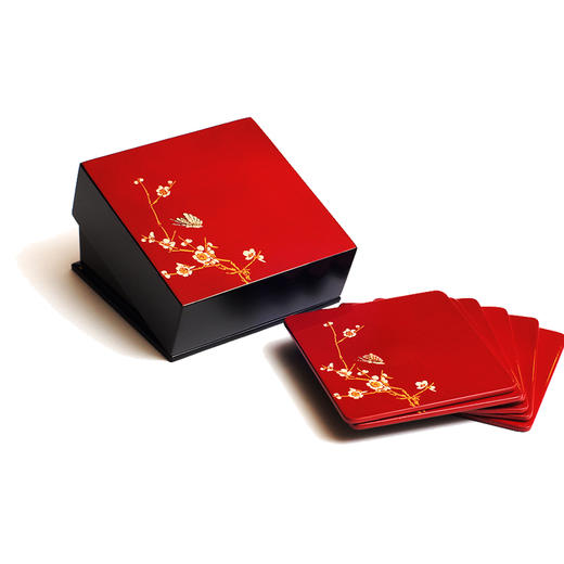 【梵谷漆器】彩绘腊梅漆艺杯垫（红色/黑色） 商品图0