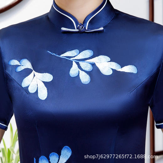 上海旗袍厂LHS-1019新款藏青色刺绣 绣花旗袍连衣裙 商品图3