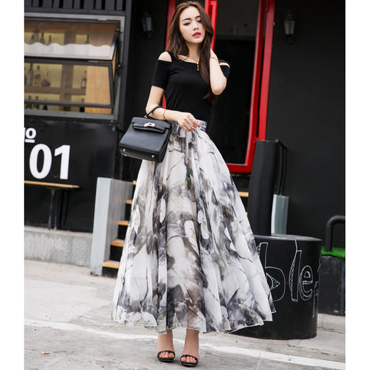 YL-YS1050夏新款半身长裙高腰大摆裙雪纺印花拖地长裙仙女裙WY 商品图1