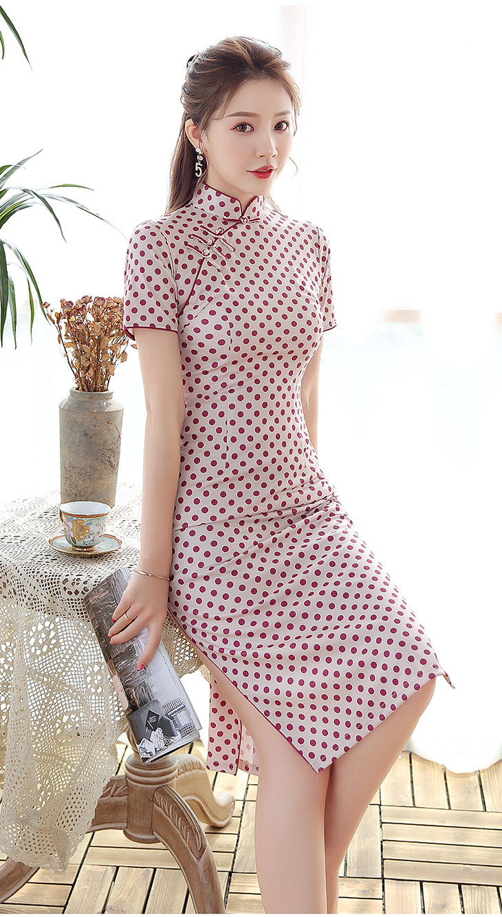 优雅文艺弹力针织中长款波点旗袍xgtq2102