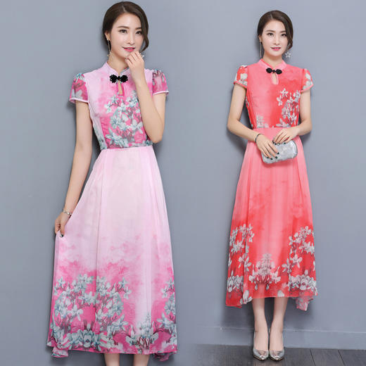 YL-RE1163新夏款修身印花复古连衣裙立领显瘦雪纺长裙大摆WY 商品图2