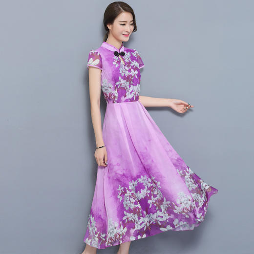 YL-RE1163新夏款修身印花复古连衣裙立领显瘦雪纺长裙大摆WY 商品图4