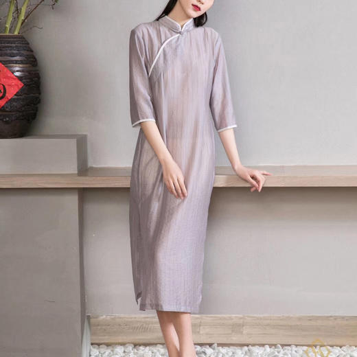 岐氏姐妹 新中式丝麻连衣裙领口手工盘扣斜襟棉麻连衣裙20-86DA499 商品图3