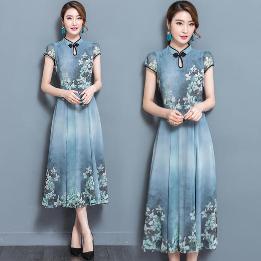 YL-RE1163新夏款修身印花复古连衣裙立领显瘦雪纺长裙大摆WY 商品图0