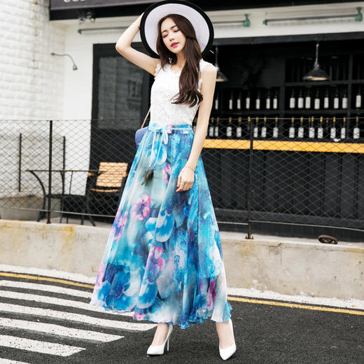 YL-YS1050夏新款半身长裙高腰大摆裙雪纺印花拖地长裙仙女裙WY 商品图5